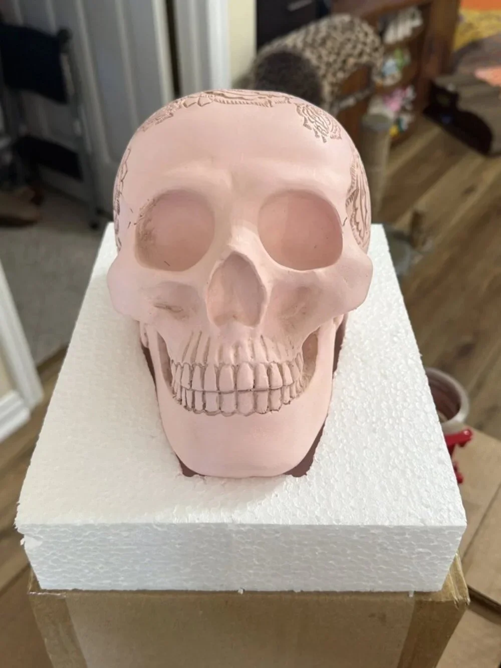 Ghoulish Decorative Pink Skull With Etched Floral Design - NIB